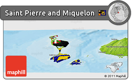 Flag Panoramic Map of Saint Pierre and Miquelon, physical outside, bathymetry sea, flag aligned to the middle