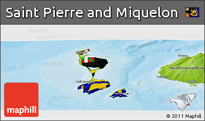 Flag Panoramic Map of Saint Pierre and Miquelon, physical outside, bathymetry sea, flag aligned to the middle