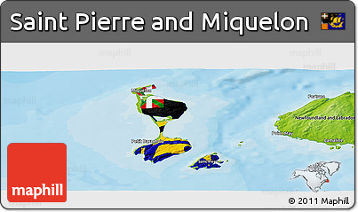 Flag Panoramic Map of Saint Pierre and Miquelon, physical outside, bathymetry sea, flag rotated
