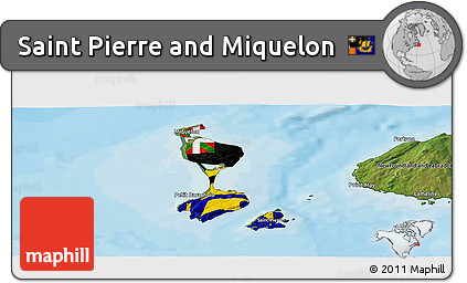 Flag Panoramic Map of Saint Pierre and Miquelon, satellite outside, bathymetry sea, flag aligned to the middle