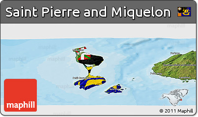 Flag Panoramic Map of Saint Pierre and Miquelon, satellite outside, bathymetry sea, flag aligned to the middle