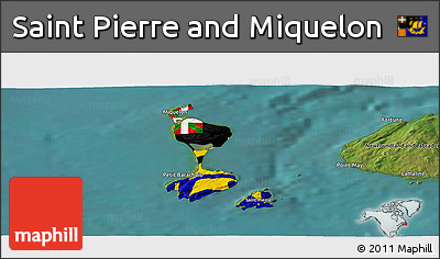 Flag Panoramic Map of Saint Pierre and Miquelon, satellite outside, flag aligned to the middle