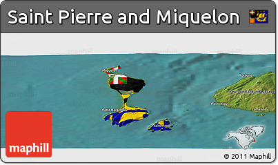 Flag Panoramic Map of Saint Pierre and Miquelon, satellite outside, flag aligned to the middle