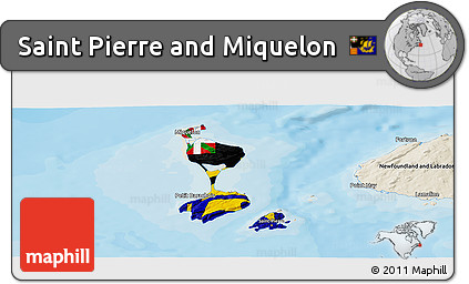 Flag Panoramic Map of Saint Pierre and Miquelon, shaded relief outside, bathymetry sea, flag aligned to the middle