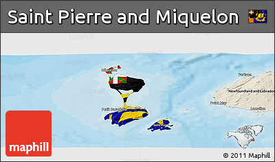 Flag Panoramic Map of Saint Pierre and Miquelon, shaded relief outside, bathymetry sea, flag aligned to the middle