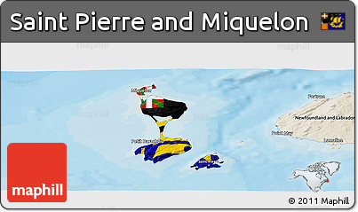 Flag Panoramic Map of Saint Pierre and Miquelon, shaded relief outside, bathymetry sea, flag aligned to the middle