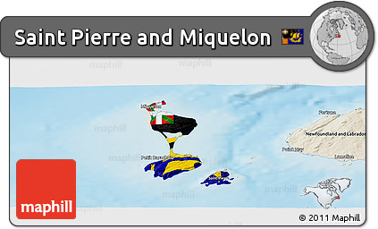 Flag Panoramic Map of Saint Pierre and Miquelon, shaded relief outside, flag aligned to the middle
