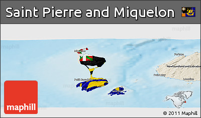 Flag Panoramic Map of Saint Pierre and Miquelon, shaded relief outside, flag aligned to the middle
