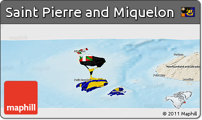 Flag Panoramic Map of Saint Pierre and Miquelon, shaded relief outside, flag aligned to the middle