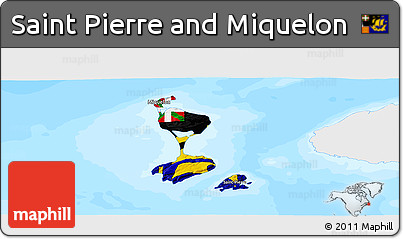Flag Panoramic Map of Saint Pierre and Miquelon, single color outside, bathymetry sea, flag aligned to the middle