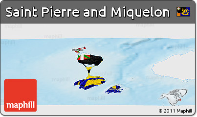 Flag Panoramic Map of Saint Pierre and Miquelon, single color outside, shaded relief sea, flag aligned to the middle