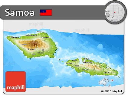 Physical 3D Map of Samoa, single color outside, bathymetry sea