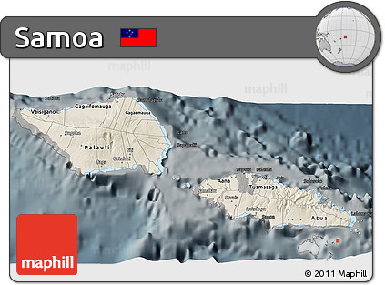 Shaded Relief 3D Map of Samoa, darken, semi-desaturated