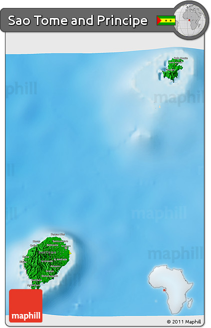 Flag 3D Map of Sao Tome and Principe, shaded relief outside, flag aligned to the middle