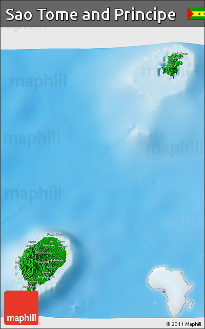 Flag 3D Map of Sao Tome and Principe, shaded relief outside, flag aligned to the middle