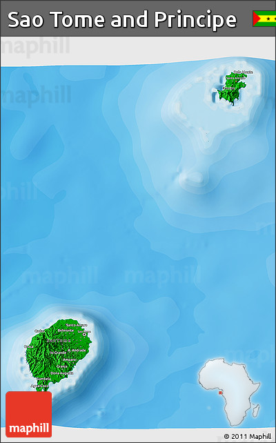 Flag 3D Map of Sao Tome and Principe, single color outside, bathymetry sea, shaded relief sea, flag centered