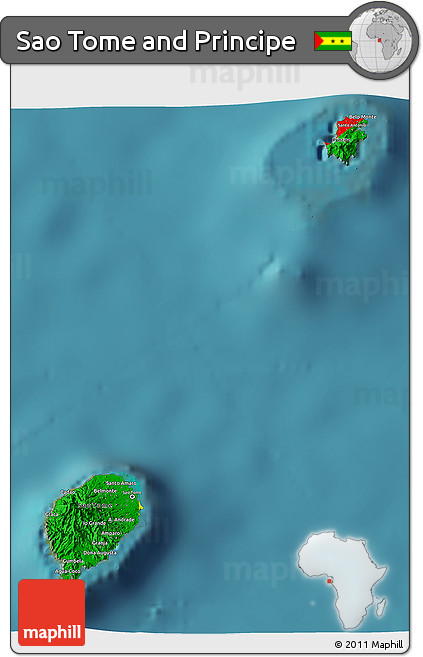 Flag 3D Map of Sao Tome and Principe, single color outside, satellite sea, flag rotated