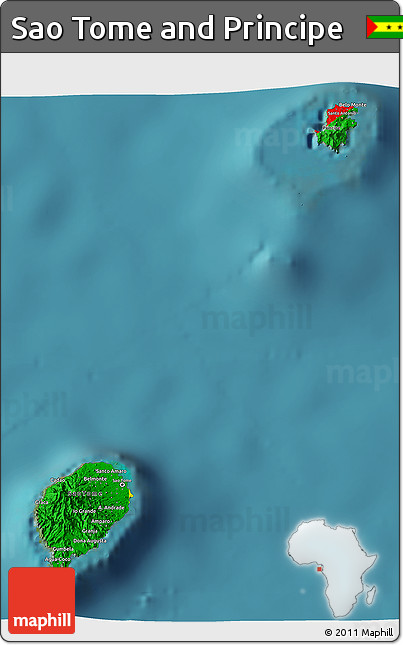Flag 3D Map of Sao Tome and Principe, single color outside, satellite sea, flag rotated