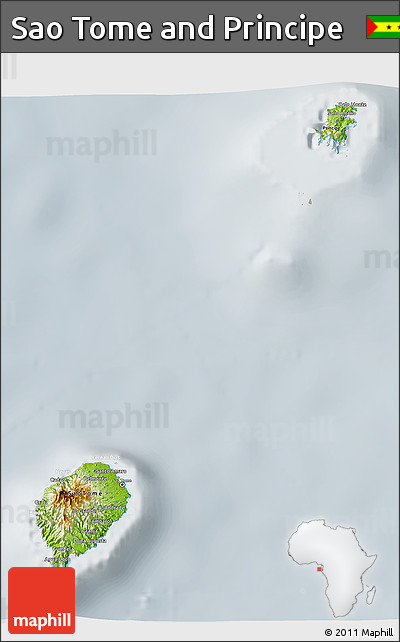 Physical 3D Map of Sao Tome and Principe, lighten, semi-desaturated