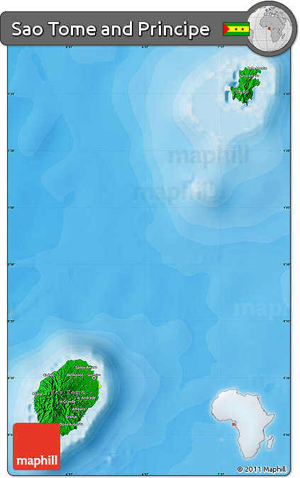 Flag Map of Sao Tome and Principe, single color outside, bathymetry sea, shaded relief sea, flag aligned to the middle