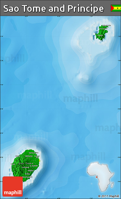 Flag Map of Sao Tome and Principe, single color outside, bathymetry sea, shaded relief sea, flag aligned to the middle