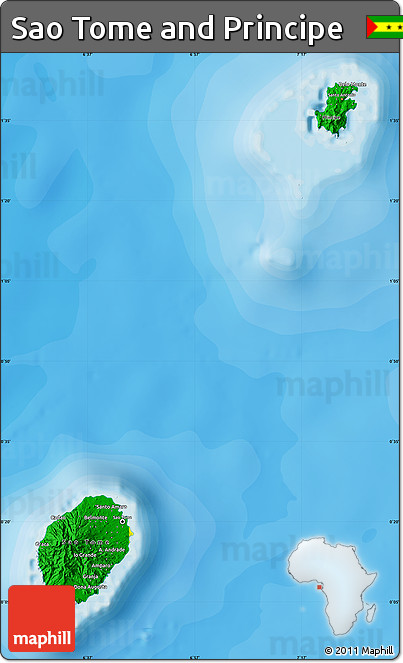 Flag Map of Sao Tome and Principe, single color outside, bathymetry sea, shaded relief sea, flag aligned to the middle