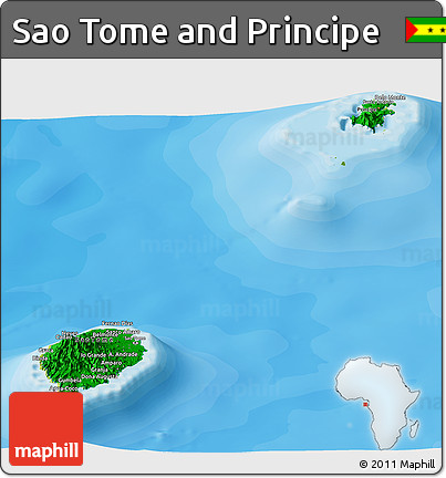 Flag Panoramic Map of Sao Tome and Principe, physical outside, bathymetry sea, flag centered