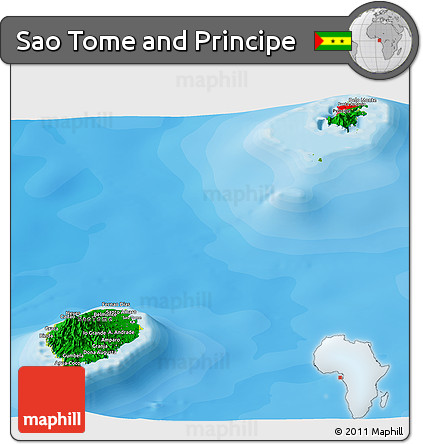 Flag Panoramic Map of Sao Tome and Principe, physical outside, bathymetry sea, flag rotated