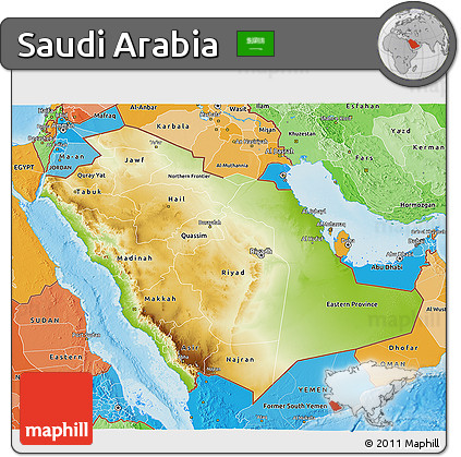 Physical 3D Map of Saudi Arabia, political shades outside, shaded relief sea