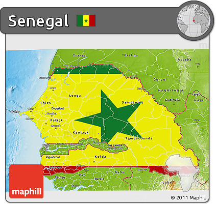 Flag 3D Map of Senegal, physical outside, flag aligned to the middle