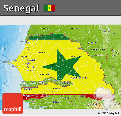 Flag 3D Map of Senegal, physical outside, flag aligned to the middle