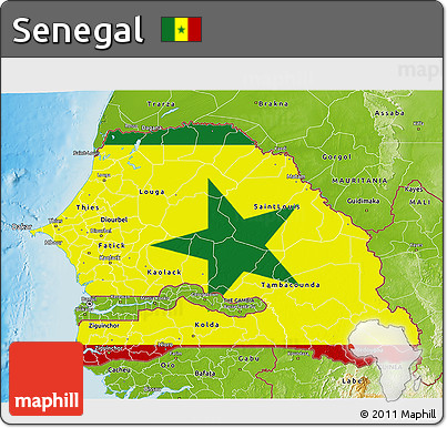 Flag 3D Map of Senegal, physical outside, flag aligned to the middle