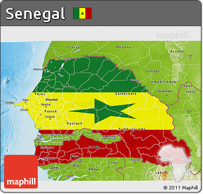 Flag 3D Map of Senegal, physical outside, flag rotated