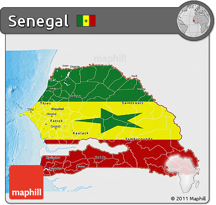 Flag 3D Map of Senegal, single color outside, bathymetry sea, shaded relief sea, flag rotated