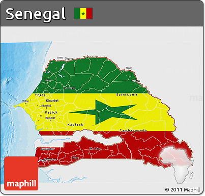Flag 3D Map of Senegal, single color outside, bathymetry sea, shaded relief sea, flag rotated