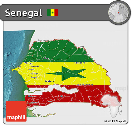 Flag 3D Map of Senegal, single color outside, satellite sea, flag rotated