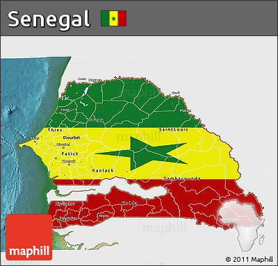 Flag 3D Map of Senegal, single color outside, satellite sea, flag rotated
