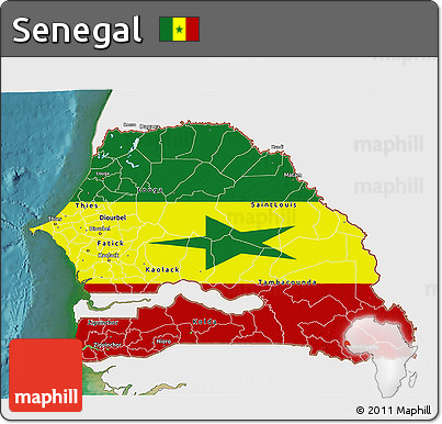 Flag 3D Map of Senegal, single color outside, satellite sea, flag rotated