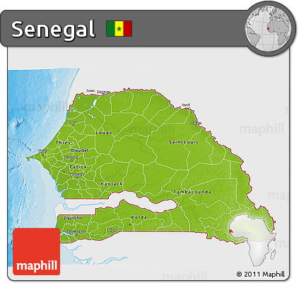 Physical 3D Map of Senegal, single color outside, bathymetry sea, shaded relief sea
