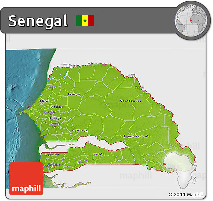 Physical 3D Map of Senegal, single color outside, satellite sea