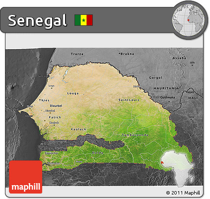 Satellite 3D Map of Senegal, darken, desaturated