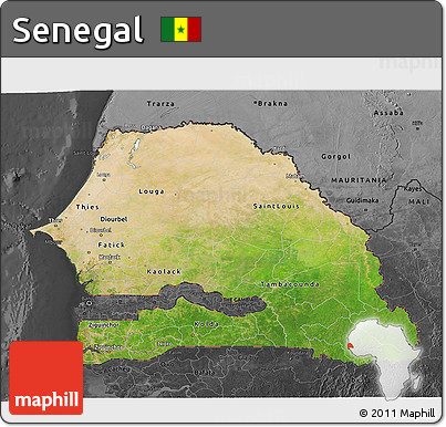 Satellite 3D Map of Senegal, darken, desaturated