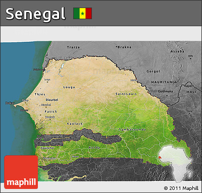 Satellite 3D Map of Senegal, darken, desaturated, land only