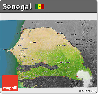 Satellite 3D Map of Senegal, darken, desaturated, land only