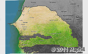 Satellite 3D Map of Senegal, darken, desaturated, land only