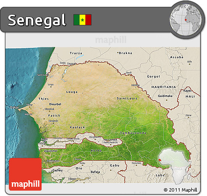 Satellite 3D Map of Senegal, shaded relief outside, satellite sea