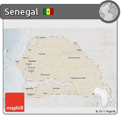 Shaded Relief 3D Map of Senegal, lighten, semi-desaturated