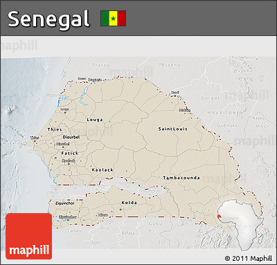 Shaded Relief 3D Map of Senegal, lighten, semi-desaturated