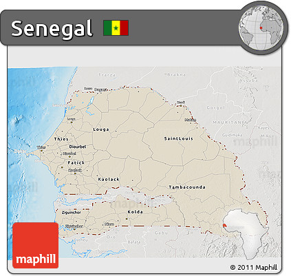Shaded Relief 3D Map of Senegal, lighten, semi-desaturated, land only