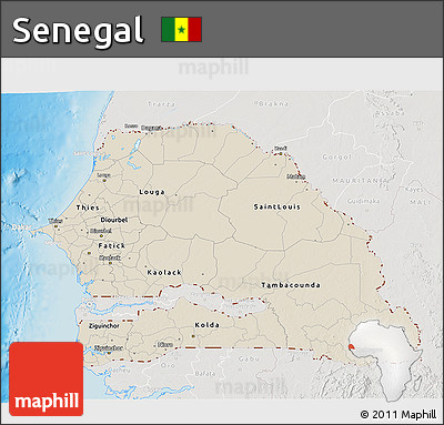 Shaded Relief 3D Map of Senegal, lighten, semi-desaturated, land only